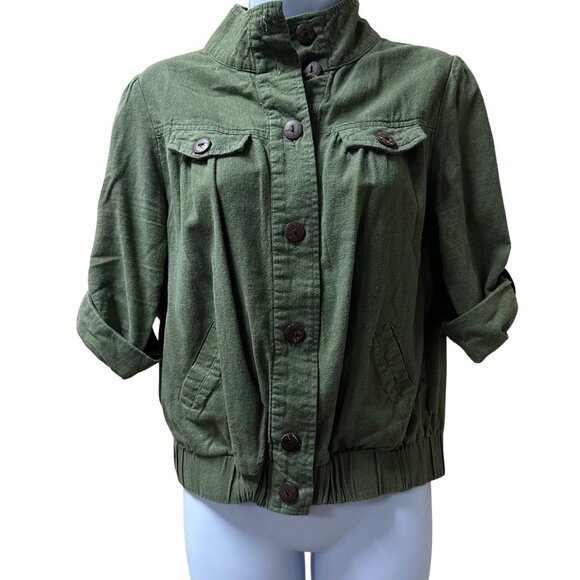 Womens Army Green Button-Up Jacket With Rolled Sleeves & Elastic Hem Large - Picture 1 of 14